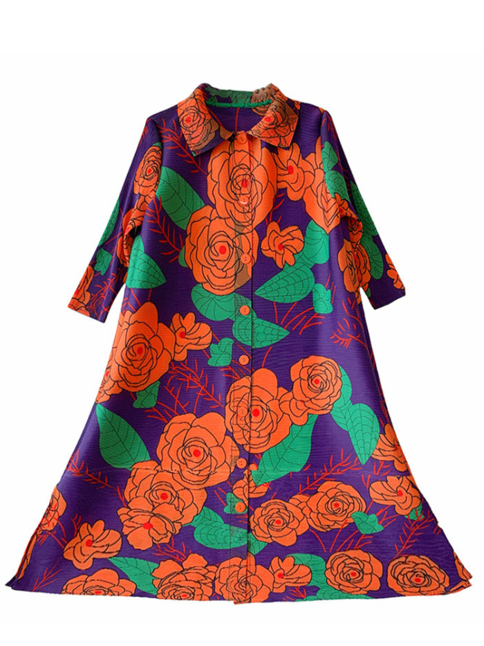 DEAT elegant dress contrast color flower print short sleeve loose turn collar women's dresses 2025 spring new fashion DLZ1101