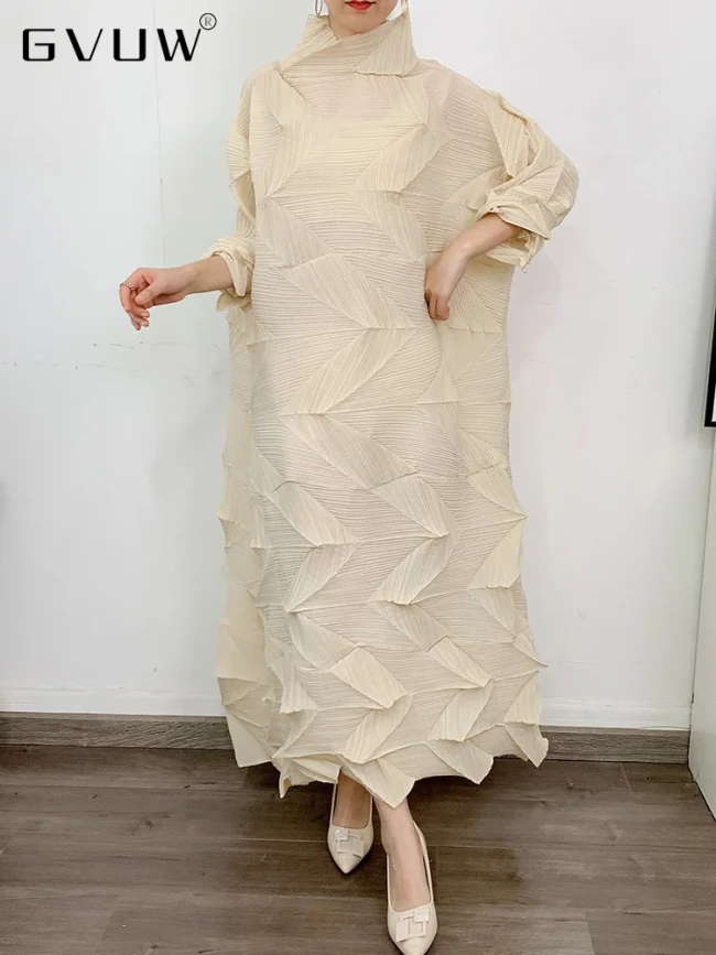 GVUW Pleated Lace-up A-line Dress For Women Solid Color Turtleneck Loose Elegant Diamonds Dresses Female DLZ124106