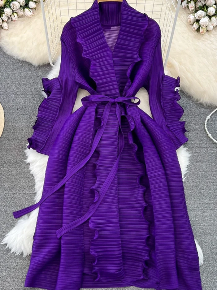 XFPV Women's Sweet Wood Ear Lace Design Lace Up Waist Pleated Dress Vestidos Y2k Korean Fashion Tide Spring Autumn 2025 DLZ62707