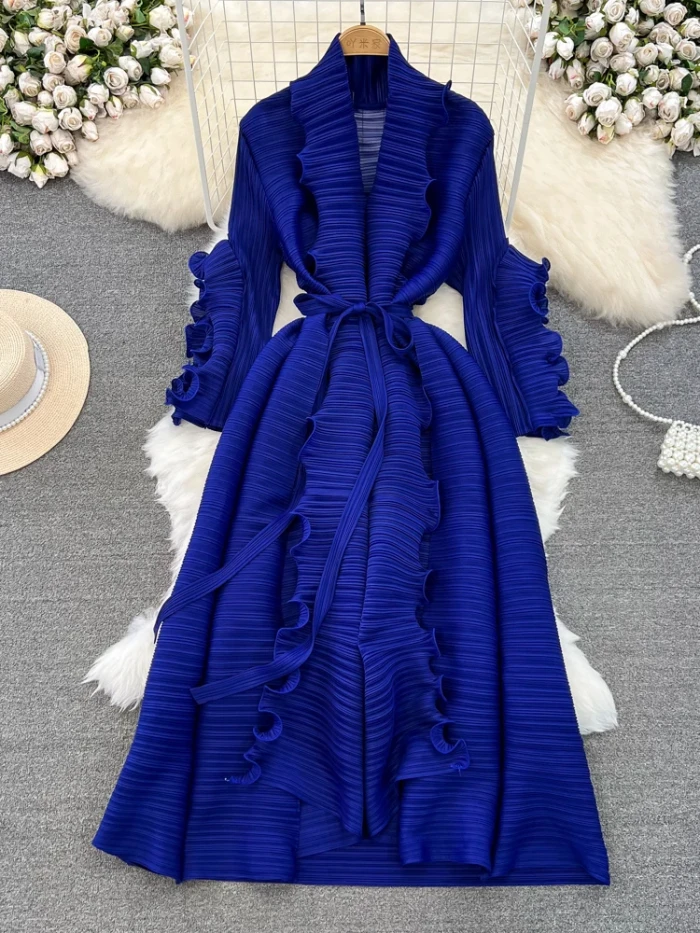 XFPV Women's Sweet Wood Ear Lace Design Lace Up Waist Pleated Dress Vestidos Y2k Korean Fashion Tide Spring Autumn 2025 DLZ62707