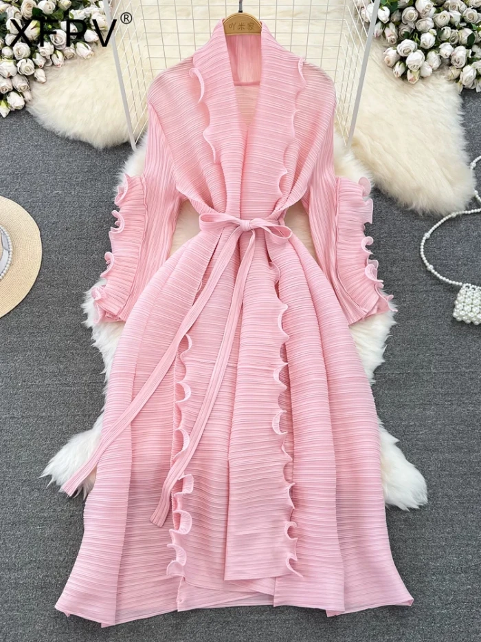 XFPV Women's Sweet Wood Ear Lace Design Lace Up Waist Pleated Dress Vestidos Y2k Korean Fashion Tide Spring Autumn 2025 DLZ62707