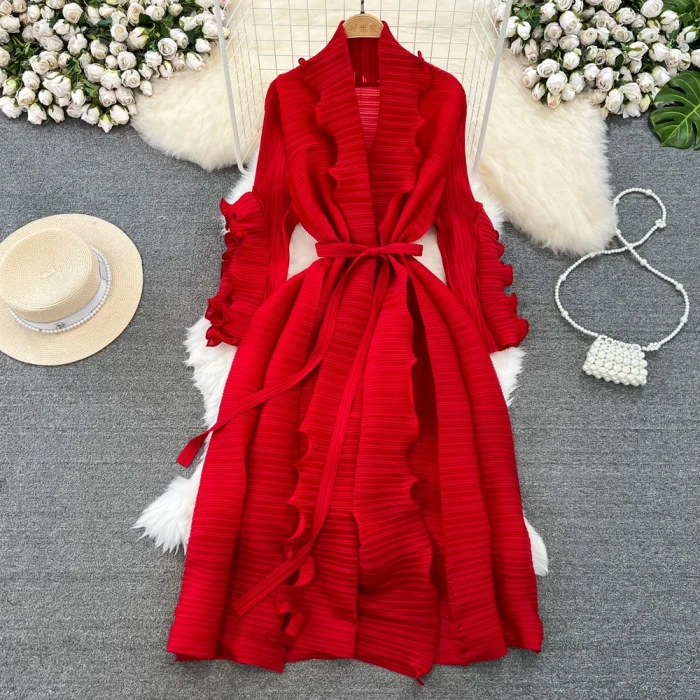 XFPV Women's Sweet Wood Ear Lace Design Lace Up Waist Pleated Dress Vestidos Y2k Korean Fashion Tide Spring Autumn 2025 DLZ62707