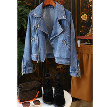 DEAT fashion turn collar solid color zipper pockets spliced long sleeve loose women's denim jacket 2025 spring new tide DLZ1107
