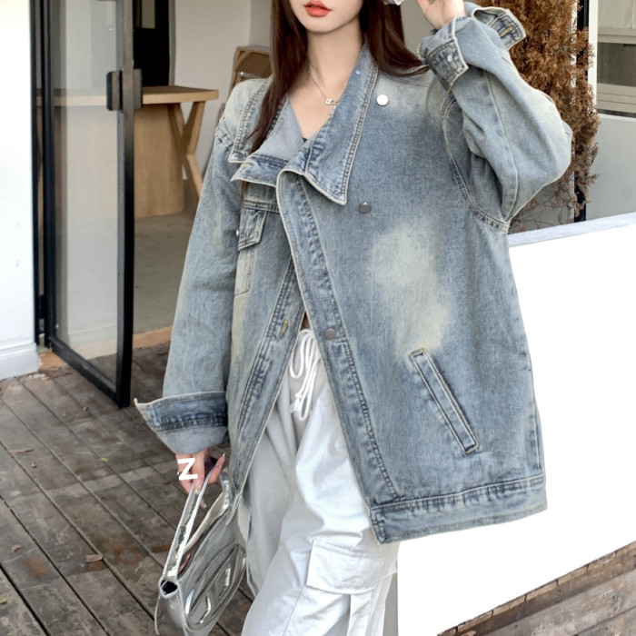 Fashion Women‘s Denim Coat Turtleneck Single Breasted Full Sleeve Patchwork Versatile Jacke Autumn  New 5R4436