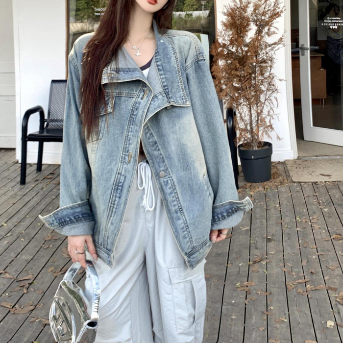 Fashion Women‘s Denim Coat Turtleneck Single Breasted Full Sleeve Patchwork Versatile Jacke Autumn  New 5R4436