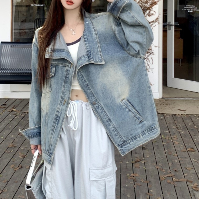 Fashion Women‘s Denim Coat Turtleneck Single Breasted Full Sleeve Patchwork Versatile Jacke Autumn  New 5R4436