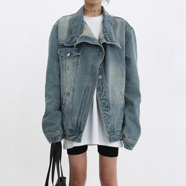 Fashion Women‘s Denim Coat Turtleneck Single Breasted Full Sleeve Patchwork Versatile Jacke Autumn  New 5R4436