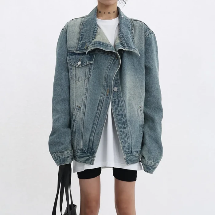 Fashion Women‘s Denim Coat Turtleneck Single Breasted Full Sleeve Patchwork Versatile Jacke Autumn  New 5R4436