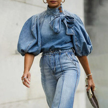 casual bow button spliced solid color puff sleeve pullover women's short denim shirt 2025 spring new fashion DLZ1101