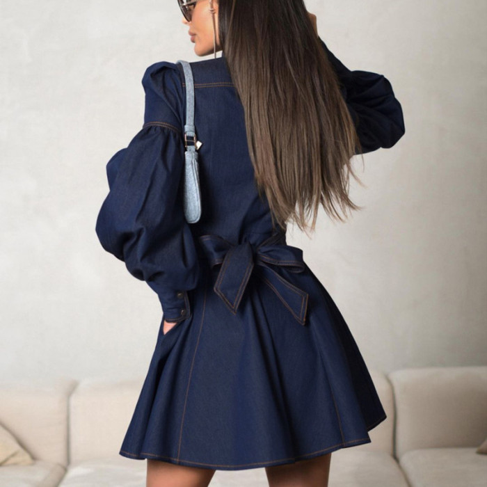 DEAT Causal Bow Lace-up Spliced Single Breasted O Neck High Waist Lantern Sleeve Solid Color Women's Mini Denim Dress 2025 Spring New Fashion DLZ1114