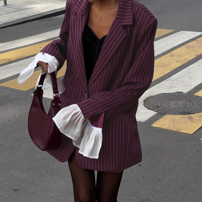 DEAT office Lady turn collar contrast color streak single breasted pockets spliced lace flare sleeve women's blazer 2025 spring new fashion DLZ1113
