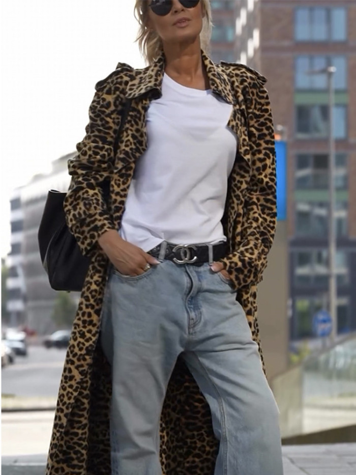 DEAT causal turn-down collar Leopard print cardigan long sleeve loose women's coat 2025 spring new fashion DLZ1112