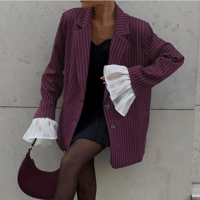 DEAT office Lady turn collar contrast color streak single breasted pockets spliced lace flare sleeve women's blazer 2025 spring new fashion DLZ1113