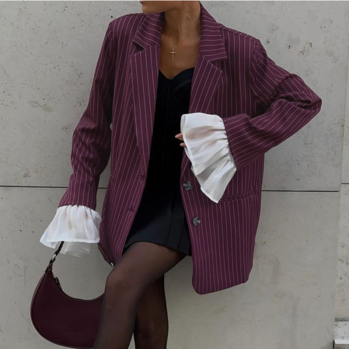 DEAT office Lady turn collar contrast color streak single breasted pockets spliced lace flare sleeve women's blazer 2025 spring new fashion DLZ1113
