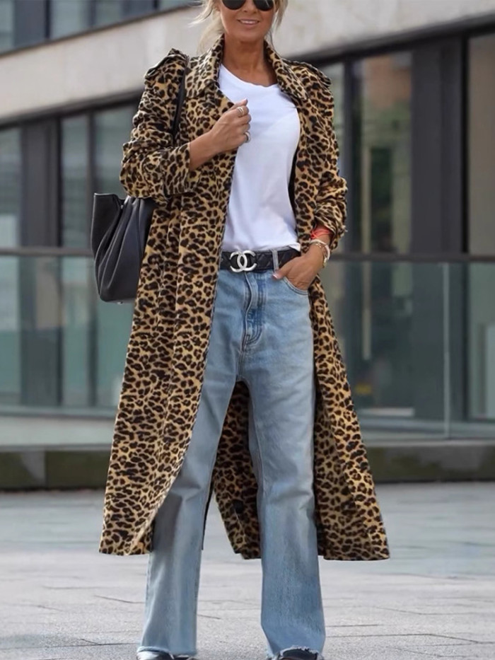 DEAT causal turn-down collar Leopard print cardigan long sleeve loose women's coat 2025 spring new fashion DLZ1112