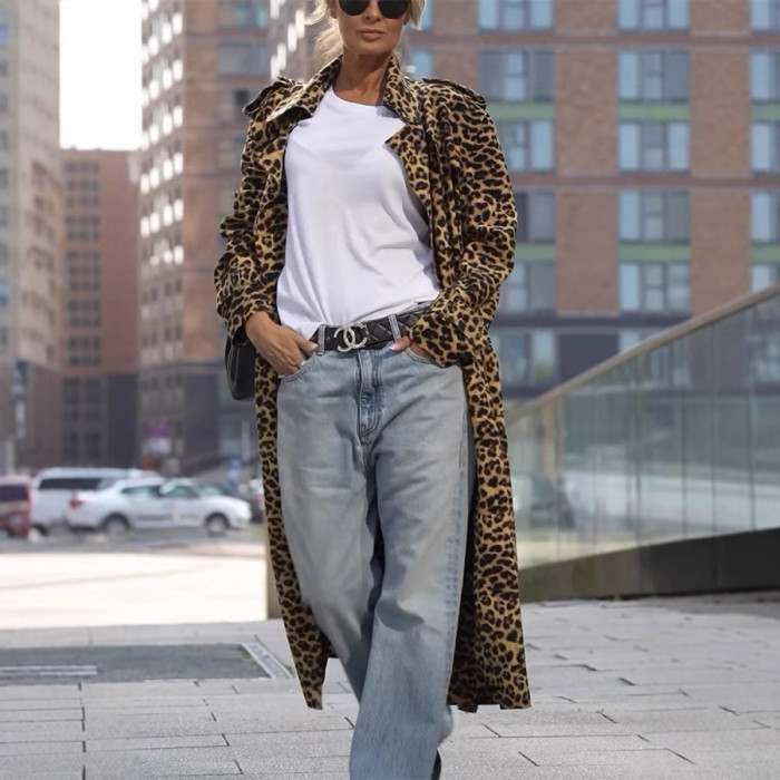 DEAT causal turn-down collar Leopard print cardigan long sleeve loose women's coat 2025 spring new fashion DLZ1112