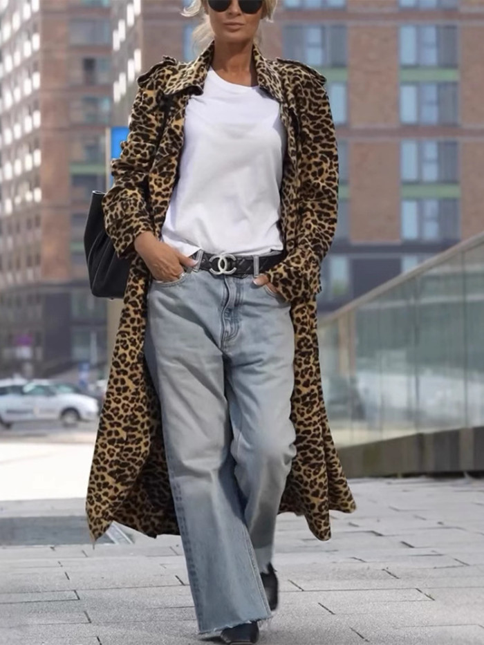 DEAT causal turn-down collar Leopard print cardigan long sleeve loose women's coat 2025 spring new fashion DLZ1112