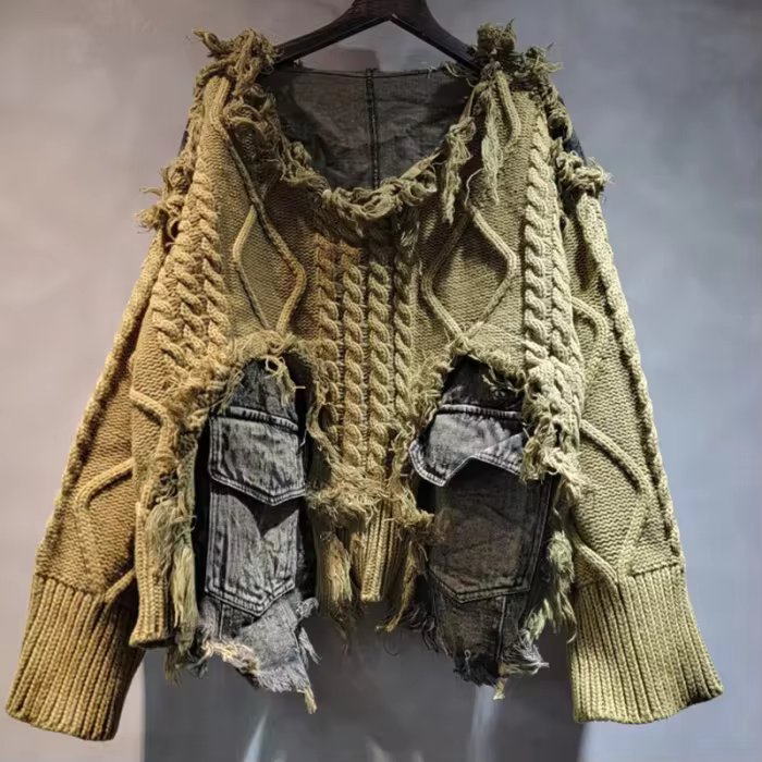 [EWQ] Old Designs Women Pullover Knit Winter 2025 Spring Vintage Long Sleeve Denim Pockets V-Neck Sweater Green Short Tops 16U132903