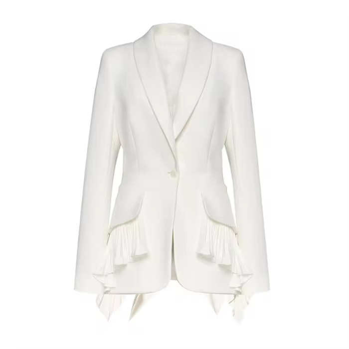 [EAM] Women White Irregular Pleated Ruffles Elegant Blazer New Lapel Long Sleeve Jacket Fashion Tide Spring Autumn 2025 1DH4840