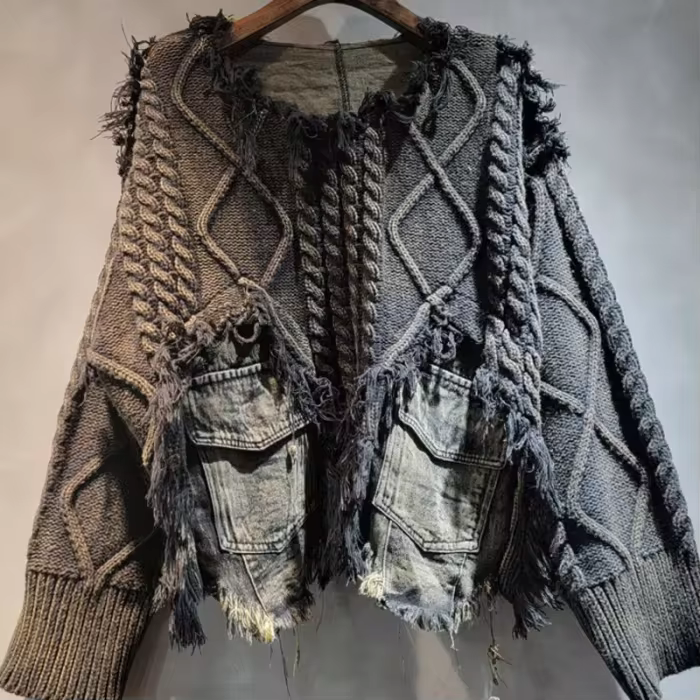 [EWQ] Old Designs Women Pullover Knit Winter 2025 Spring Vintage Long Sleeve Denim Pockets V-Neck Sweater Green Short Tops 16U132903