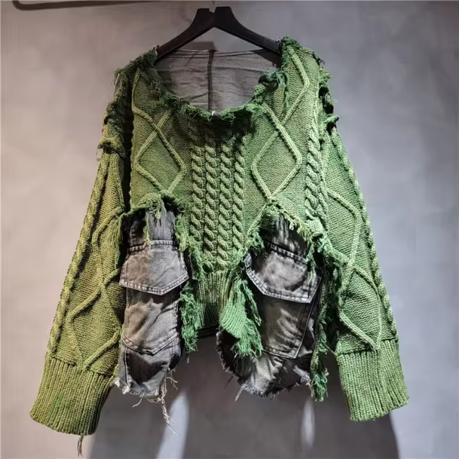 [EWQ] Old Designs Women Pullover Knit Winter 2025 Spring Vintage Long Sleeve Denim Pockets V-Neck Sweater Green Short Tops 16U132903