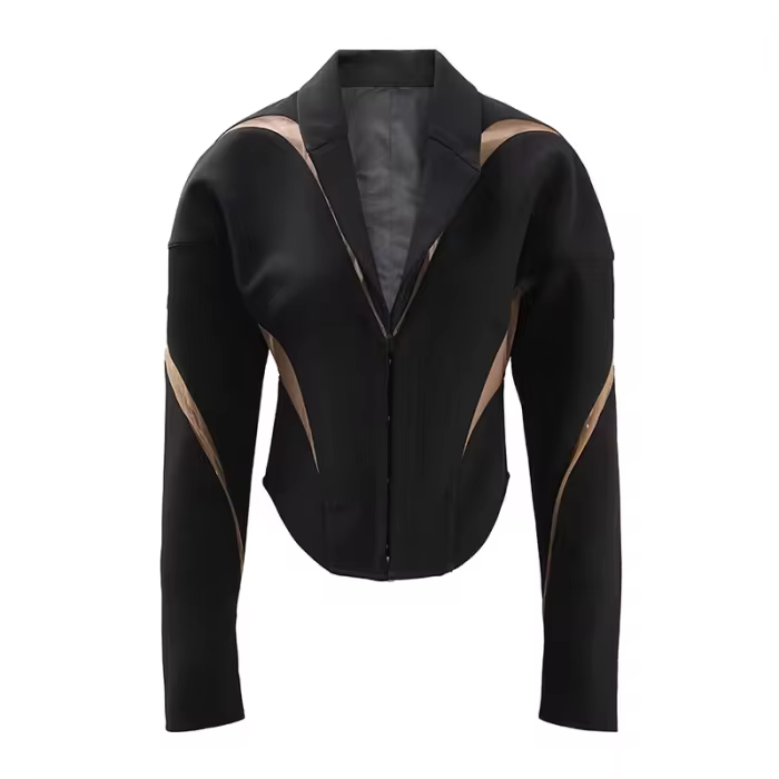 [EAM] Black Mesh Color-block Slim Irregular Hem Jacket New Lapel Long Sleeve Women Coat Fashion Tide Spring Autumn 2025 CPDB147
