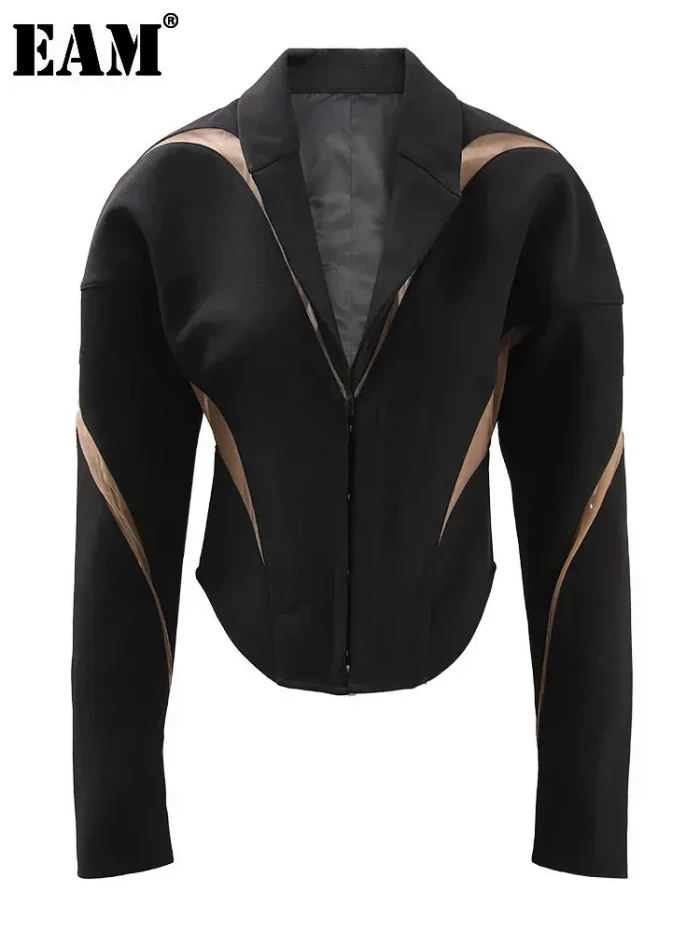 [EAM] Black Mesh Color-block Slim Irregular Hem Jacket New Lapel Long Sleeve Women Coat Fashion Tide Spring Autumn 2025 CPDB147