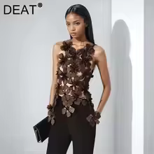 DEAT Spring New Fashion Women's Contrast Color 3D Flower Slim Fit Tank Tops Irregular Mesh Patchwork Vests Female DLZ1116