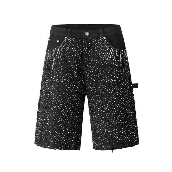 DEAT High Street Style Diamonds Spliced Gradation Pockets Button Slim Denim Short Pants 2025 Spring New Fashion DLZ1117