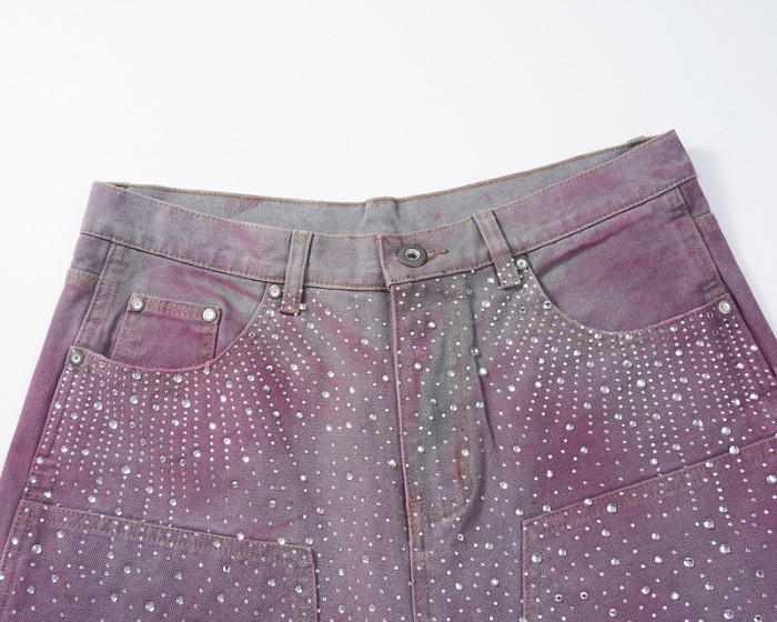 DEAT High Street Style Diamonds Spliced Gradation Pockets Button Slim Denim Short Pants 2025 Spring New Fashion DLZ1117