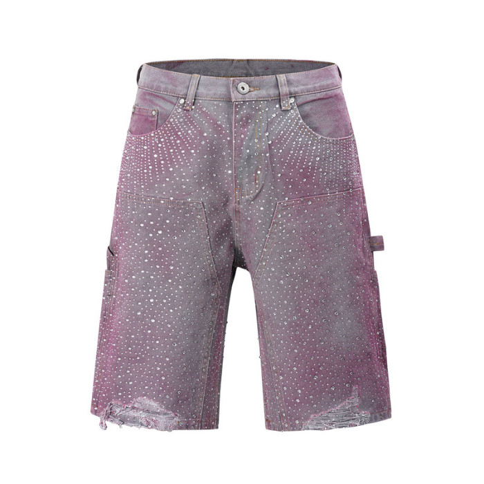 DEAT High Street Style Diamonds Spliced Gradation Pockets Button Slim Denim Short Pants 2025 Spring New Fashion DLZ1117