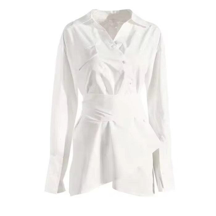 [EAM] Women White Irregular Bandage Slit Shirt Dress New V-Neck Long Sleeve Loose Fit Fashion Tide Spring Autumn 2025 1DE9884