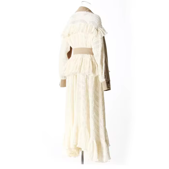 DEAT Fashion Lace Patchwork Trench Coat Women's Lapel Loose Double Breasted Sashes X-long Windbreaker Spring 2025 New