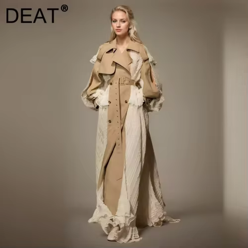 DEAT Fashion Lace Patchwork Trench Coat Women's Lapel Loose Double Breasted Sashes X-long Windbreaker Spring 2025 New