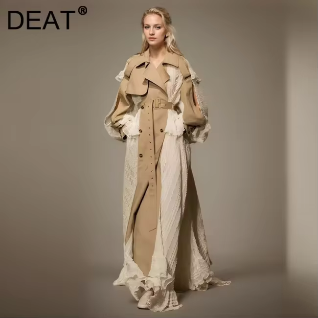 DEAT Fashion Lace Patchwork Trench Coat Women's Lapel Loose Double Breasted Sashes X-long Windbreaker Spring 2025 New