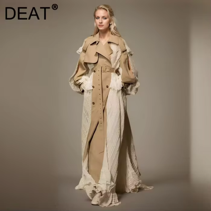DEAT Fashion Lace Patchwork Trench Coat Women's Lapel Loose Double Breasted Sashes X-long Windbreaker Spring 2025 New