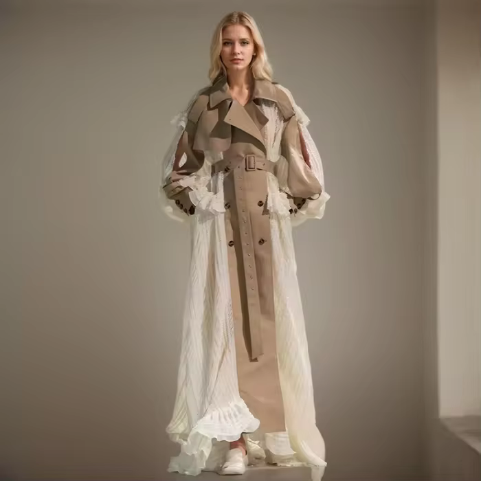 DEAT Fashion Lace Patchwork Trench Coat Women's Lapel Loose Double Breasted Sashes X-long Windbreaker Spring 2025 New