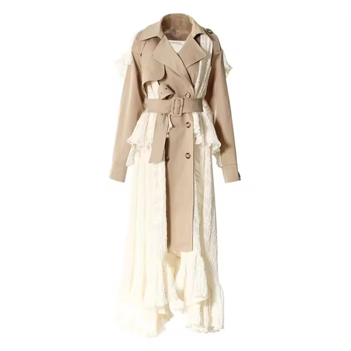 DEAT Fashion Lace Patchwork Trench Coat Women's Lapel Loose Double Breasted Sashes X-long Windbreaker Spring 2025 New