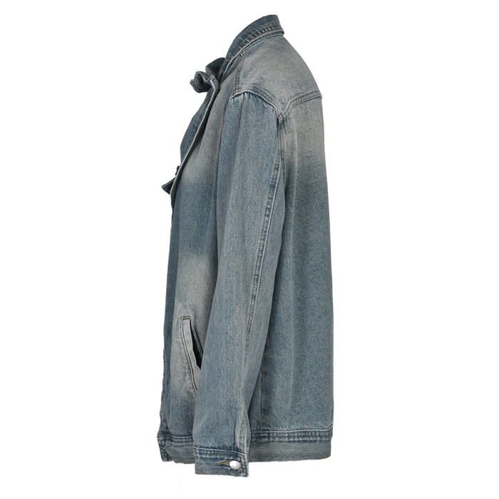 {EAM} fashion irregular rinsing gradation spliced single breasted pockets high collar long sleeve slim women's denim jacket coat 5R443605