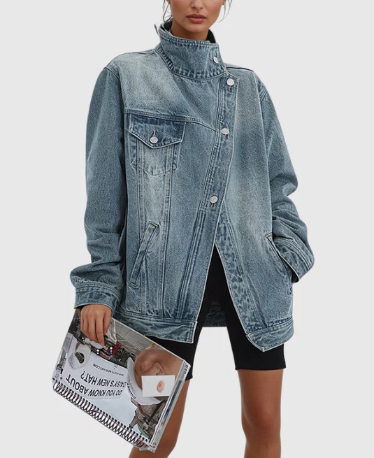 {EAM} fashion irregular rinsing gradation spliced single breasted pockets high collar long sleeve slim women's denim jacket coat 5R443605