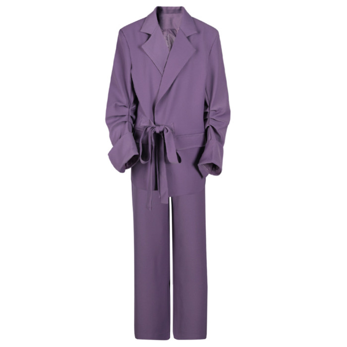DEAT office Lady 2 pcs set solid color lace-up turn collar pockets spliced blazer slim Straight-leg pants womne's suit 2025 spring new fashion DLZ1125