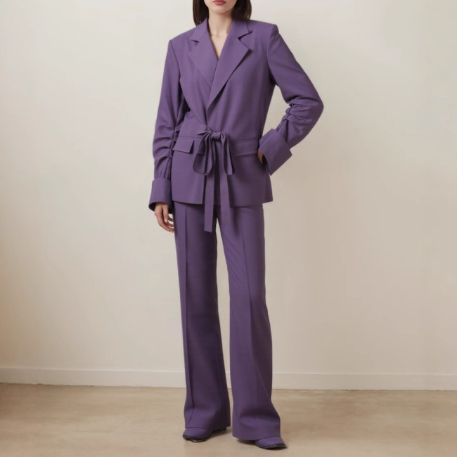 DEAT office Lady 2 pcs set solid color lace-up turn collar pockets spliced blazer slim Straight-leg pants womne's suit 2025 spring new fashion DLZ1125