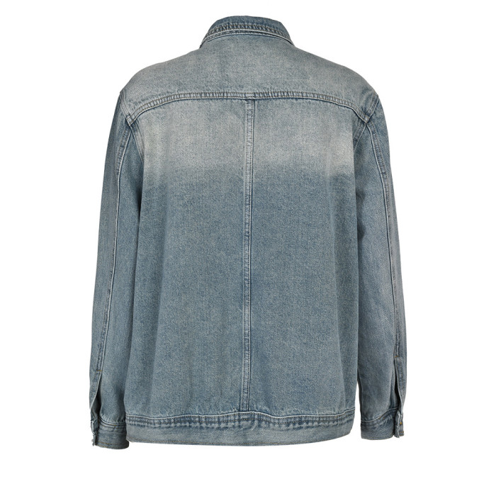 {EAM} fashion irregular rinsing gradation spliced single breasted pockets high collar long sleeve slim women's denim jacket coat 5R443605