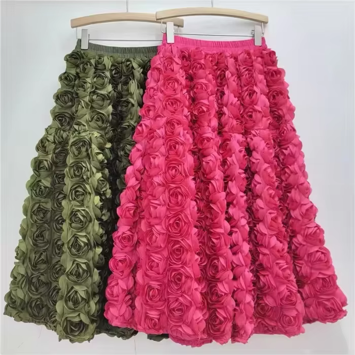 [EWQ] Fashion Casual 3D Flower Design Loose All-match Ball Gown Skirts High Waist Big Size Skirt Women 2025 Autumn New Tide 16O147
