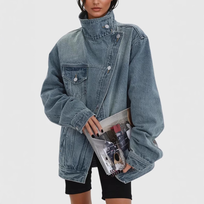 {EAM} fashion irregular rinsing gradation spliced single breasted pockets high collar long sleeve slim women's denim jacket coat 5R443605