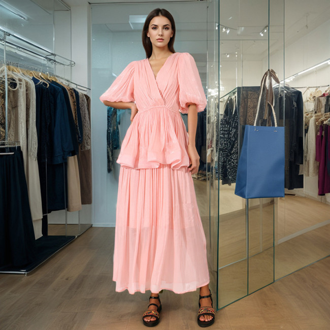 DEAT elegant dress flounce fold spliced solid color high waist v neck short sleeve slim women's dresses 2025 spring new fashion KSG9969
