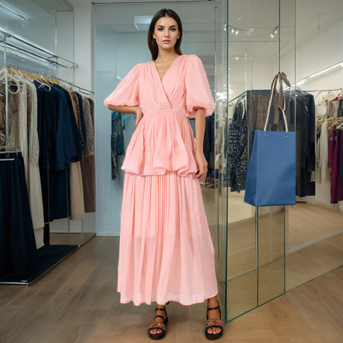 DEAT elegant dress flounce fold spliced solid color high waist v neck short sleeve slim women's dresses 2025 spring new fashion KSG9969