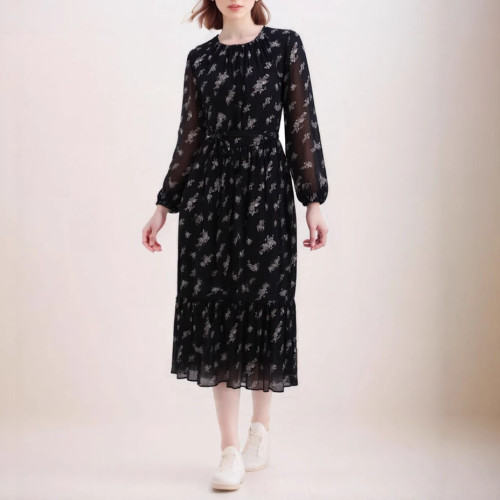 DEAT elegant dress flower print high waist o neck long sleeve slim lace-up dresses 2025 spring new fashion GYF8837