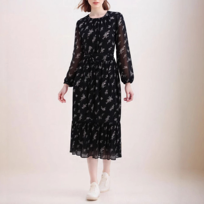 DEAT elegant dress flower print high waist o neck long sleeve slim lace-up dresses 2025 spring new fashion GYF8837