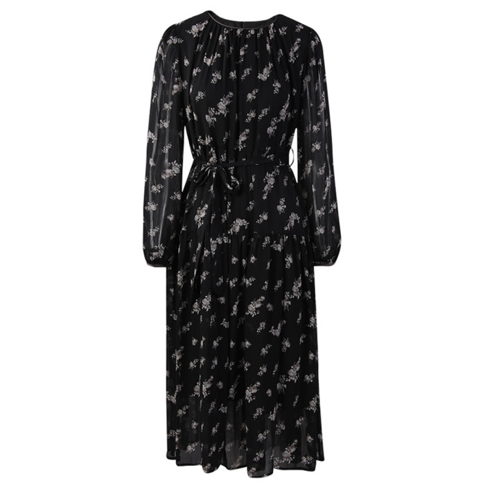 DEAT elegant dress flower print high waist o neck long sleeve slim lace-up dresses 2025 spring new fashion GYF8837